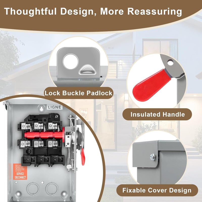 FixOasis 【Upgrade】 3p 30 Amp Disconnect,Disconnect Switch,Add Ground Design,Non-Fusible,NEMA 3R Standard,Heavy Duty Steel Material,Rust and Corrosion Resistant,for Indoor and Outdoor,120/240v,10-Year Warrnaty - Image 5